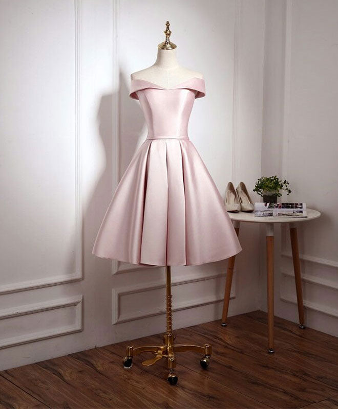 Elegant Off-The-Shoulder Satin Knee-Length Homecoming Dress With Pleated Skirt & Lace-Up Back