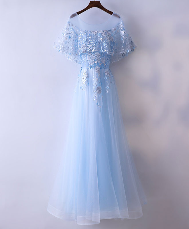 A-line Scoop Neck Floor-Length Tulle & Lace Prom Dress with Lace-Up Back