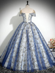 A-Line Tulle Sequin Lace Blue Long Prom Dress with Lace-Up Back