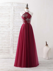 A-line Halter Neck Floor-Length Tulle Prom Dress with Beaded Floral Appliqué