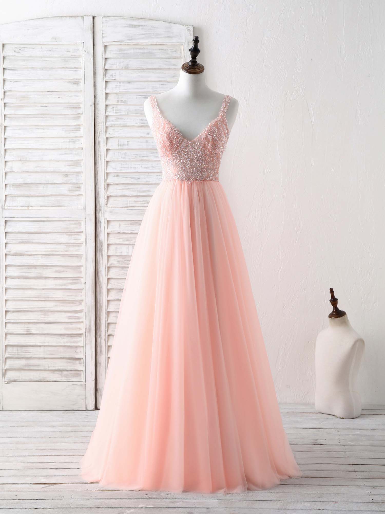 A-Line V-Neck Floor-Length Tulle Prom Dress with Beaded Bodice