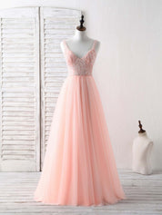 A-Line V-Neck Floor-Length Tulle Prom Dress with Beaded Bodice