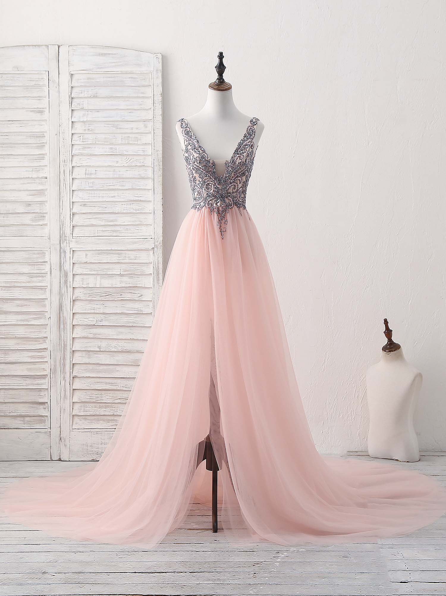Beaded V-Neck A-Line Floor-Length Tulle Prom Dress