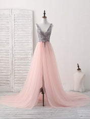 Beaded V-Neck A-Line Floor-Length Tulle Prom Dress