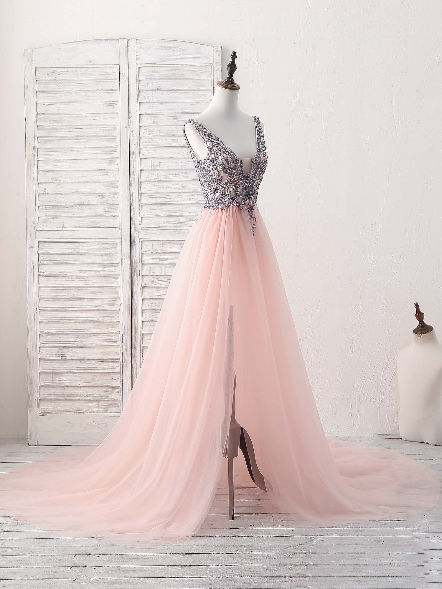 Beaded V-Neck A-Line Floor-Length Tulle Prom Dress