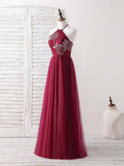 A-line Halter Neck Floor-Length Tulle Prom Dress with Beaded Floral Appliqué