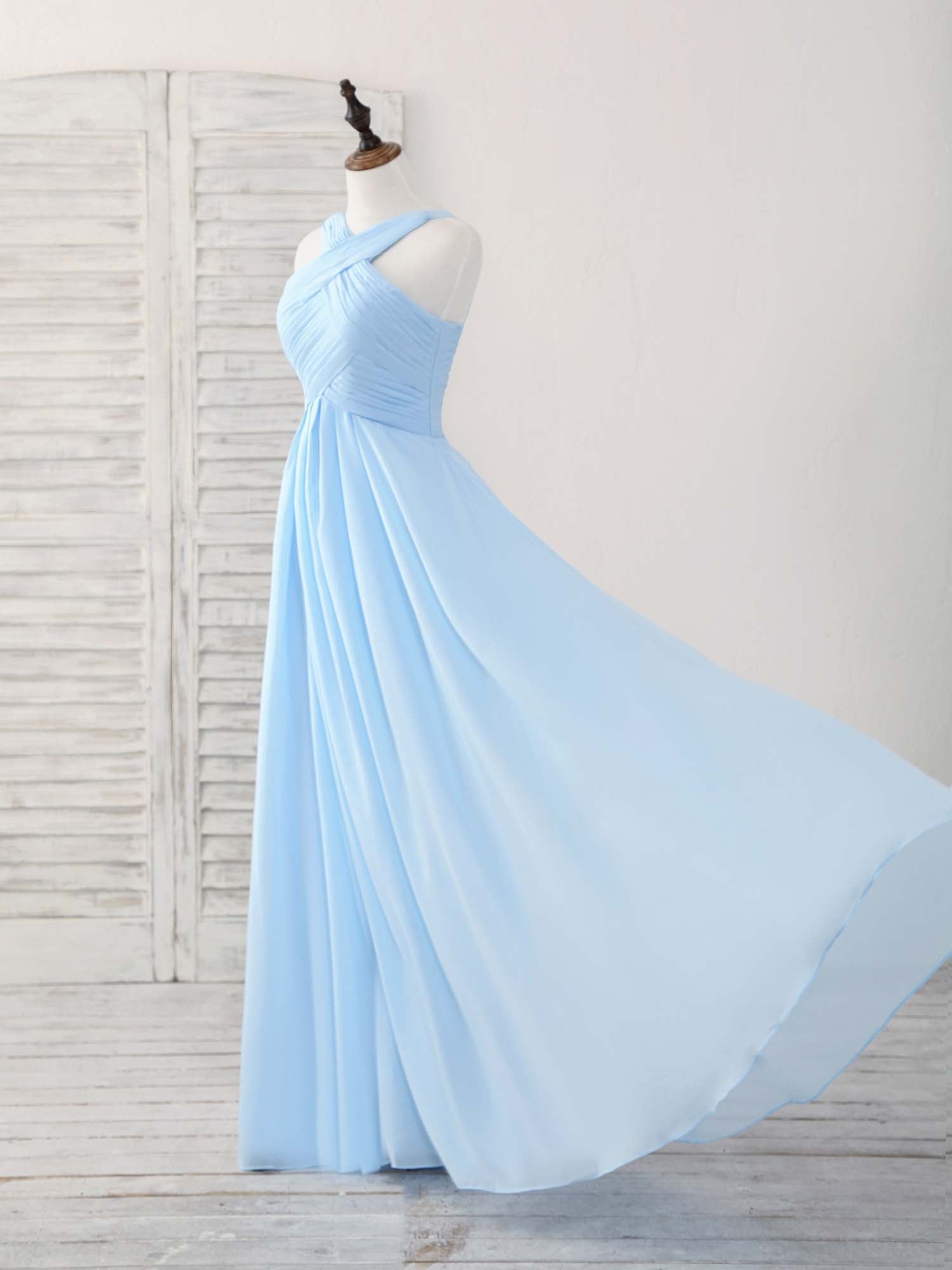 A-Line Cross Halter Neck Floor-Length Chiffon Prom Dress with Pleated Bodice