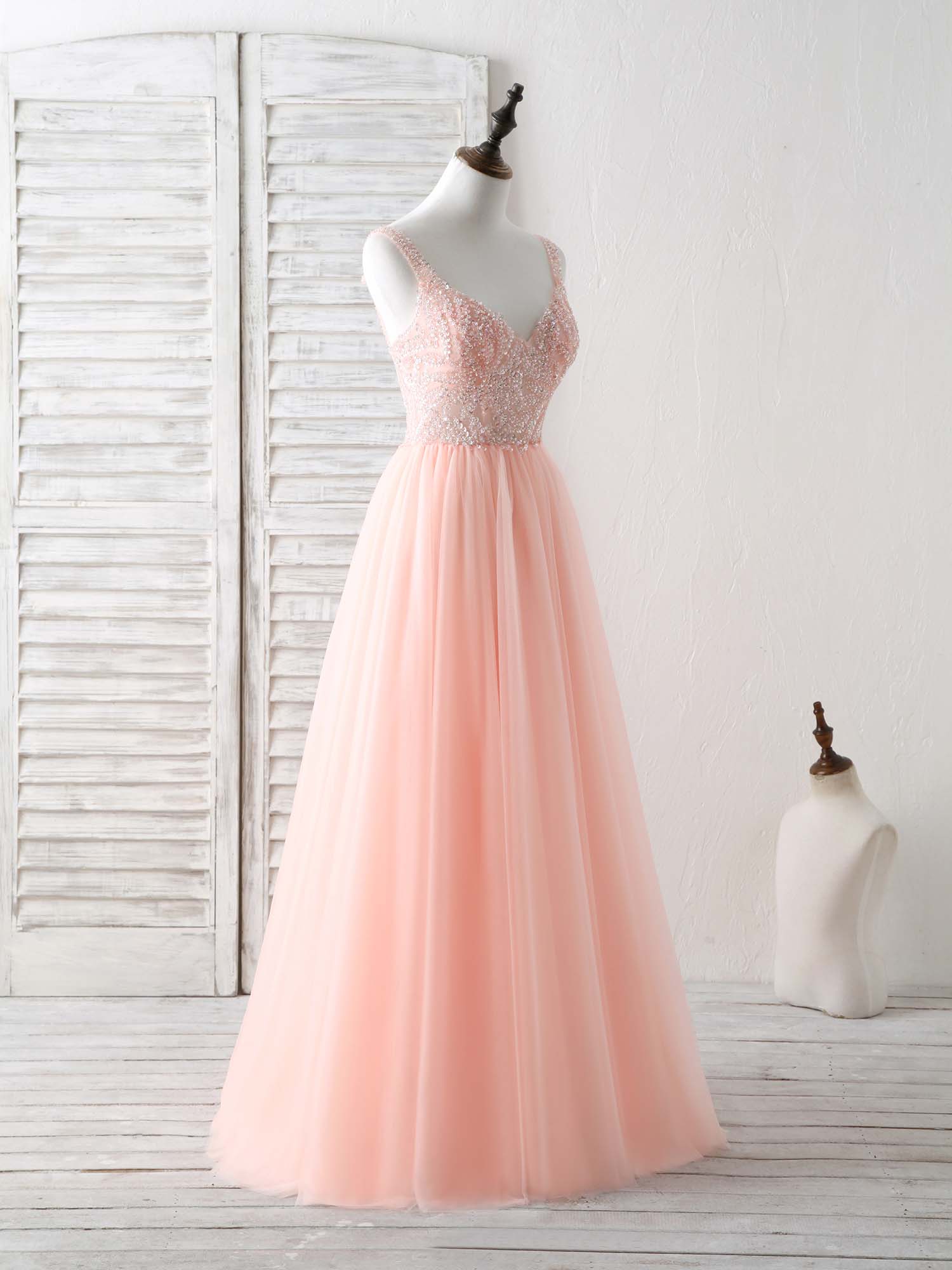 A-Line V-Neck Floor-Length Tulle Prom Dress with Beaded Bodice