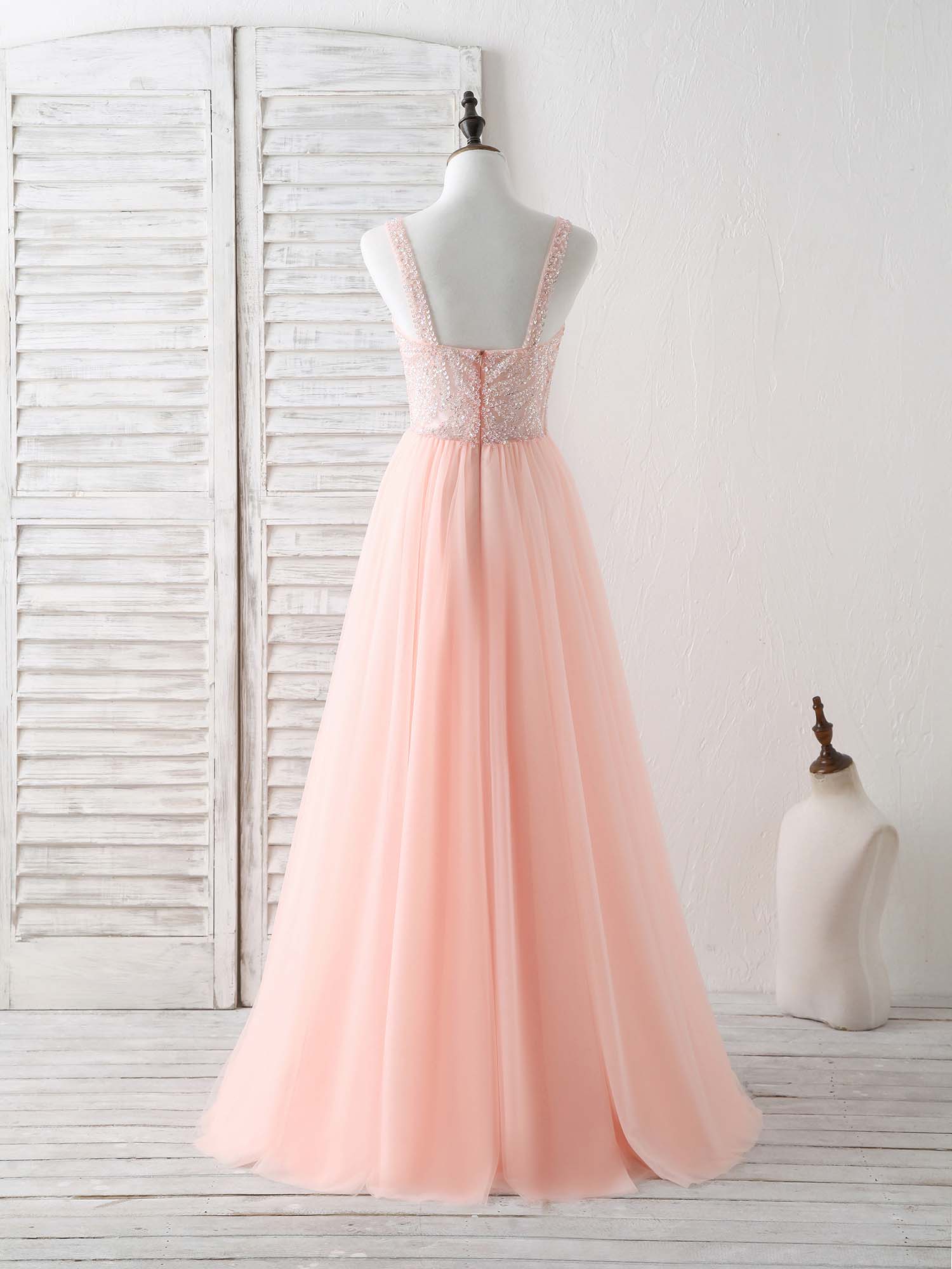 A-Line V-Neck Floor-Length Tulle Prom Dress with Beaded Bodice