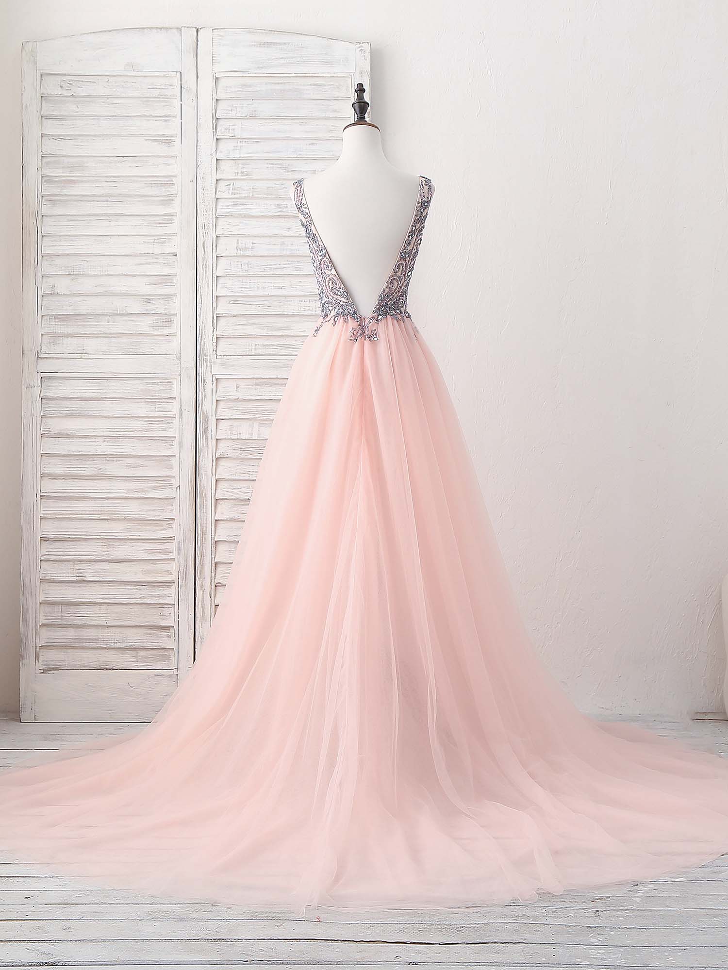 Beaded V-Neck A-Line Floor-Length Tulle Prom Dress