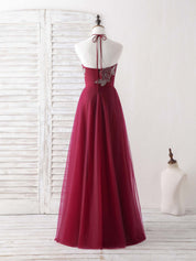 A-line Halter Neck Floor-Length Tulle Prom Dress with Beaded Floral Appliqué