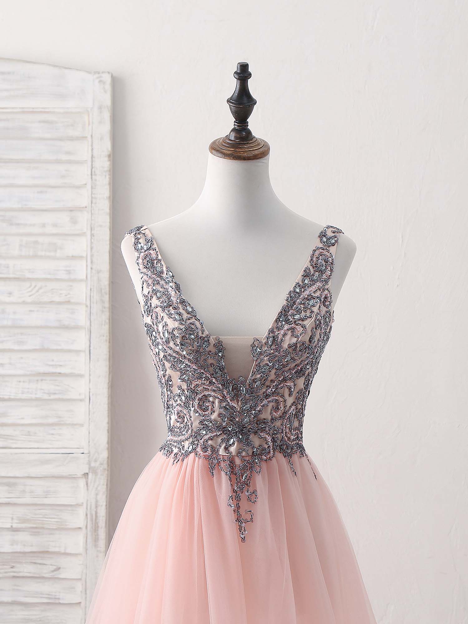 Beaded V-Neck A-Line Floor-Length Tulle Prom Dress