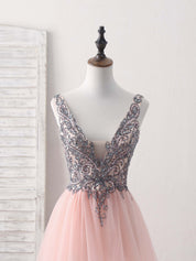 Beaded V-Neck A-Line Floor-Length Tulle Prom Dress
