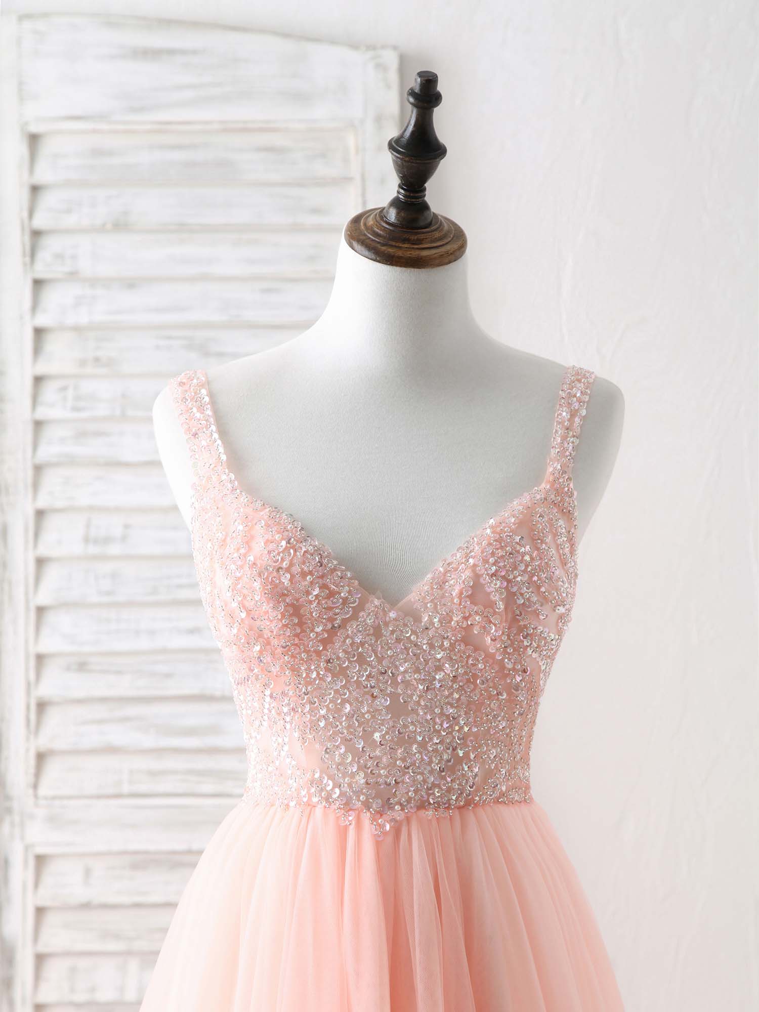 A-Line V-Neck Floor-Length Tulle Prom Dress with Beaded Bodice