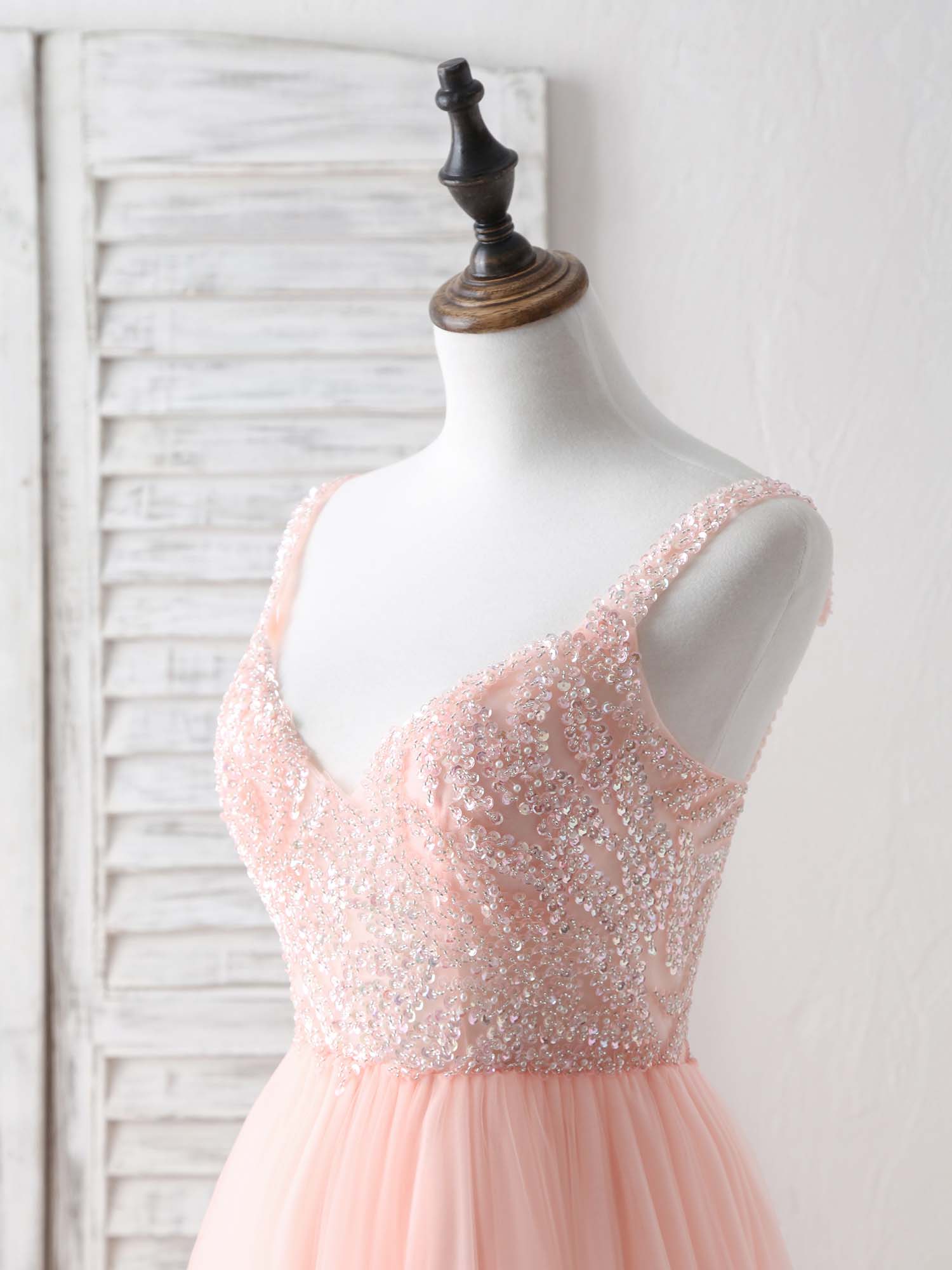 A-Line V-Neck Floor-Length Tulle Prom Dress with Beaded Bodice