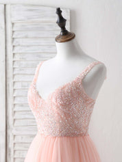 A-Line V-Neck Floor-Length Tulle Prom Dress with Beaded Bodice