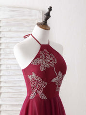 A-line Halter Neck Floor-Length Tulle Prom Dress with Beaded Floral Appliqué