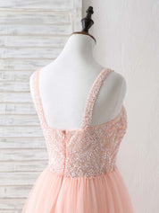 A-Line V-Neck Floor-Length Tulle Prom Dress with Beaded Bodice