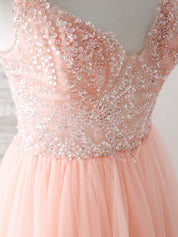 A-Line V-Neck Floor-Length Tulle Prom Dress with Beaded Bodice