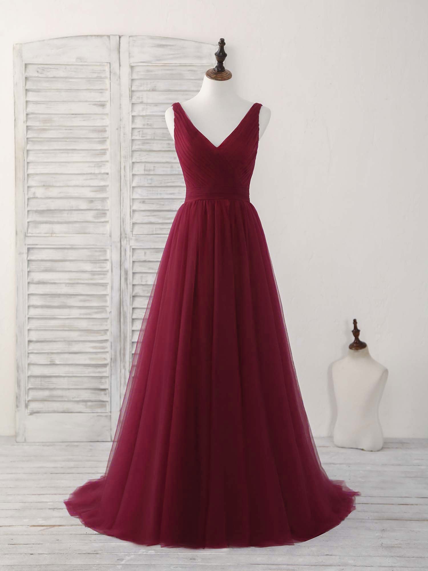 A-Line V-Neck Floor-Length Tulle Elegant Prom Dress