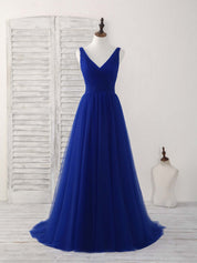 A-line V Neck Floor-Length Tulle Prom Dress with Pleated Crossover Bodice