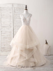 A-line V-Neck Floor-Length Tulle & Lace Prom Dress with Layered Ruffle Skirt