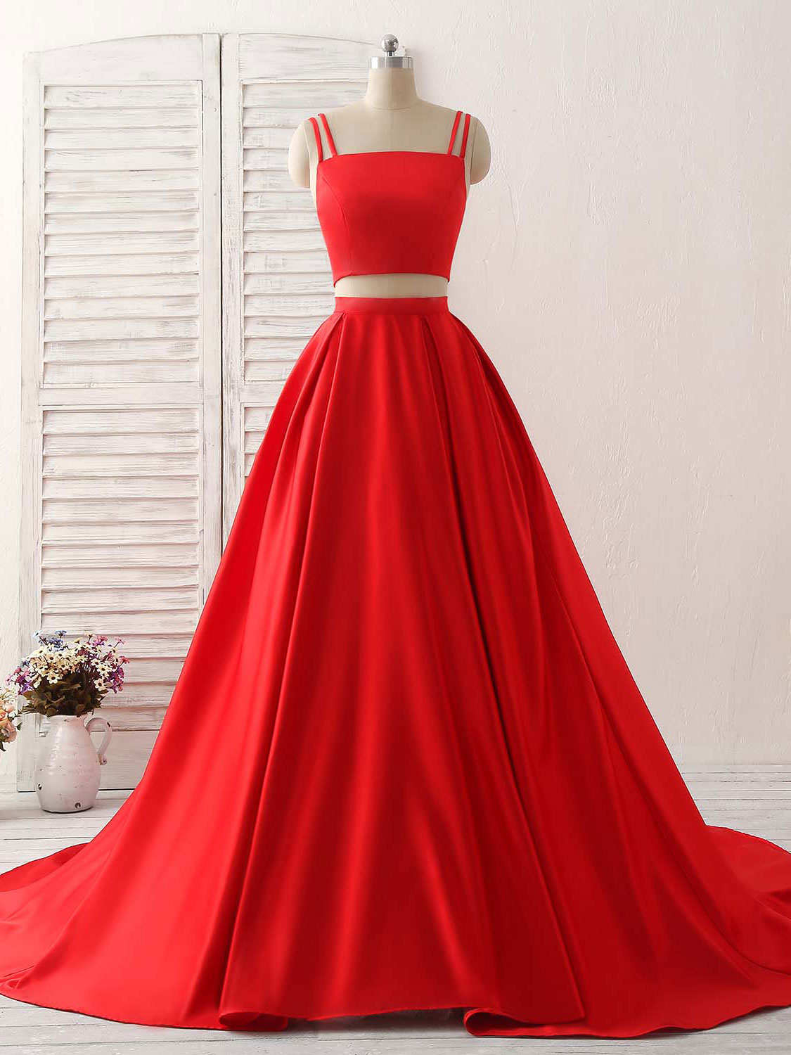 A-line Square Neck Floor-Length Satin Two-Piece Prom Dress with Double Spaghetti Straps