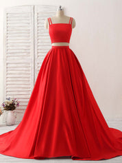 A-line Square Neck Floor-Length Satin Two-Piece Prom Dress with Double Spaghetti Straps