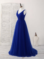 A-line V Neck Floor-Length Tulle Prom Dress with Pleated Crossover Bodice