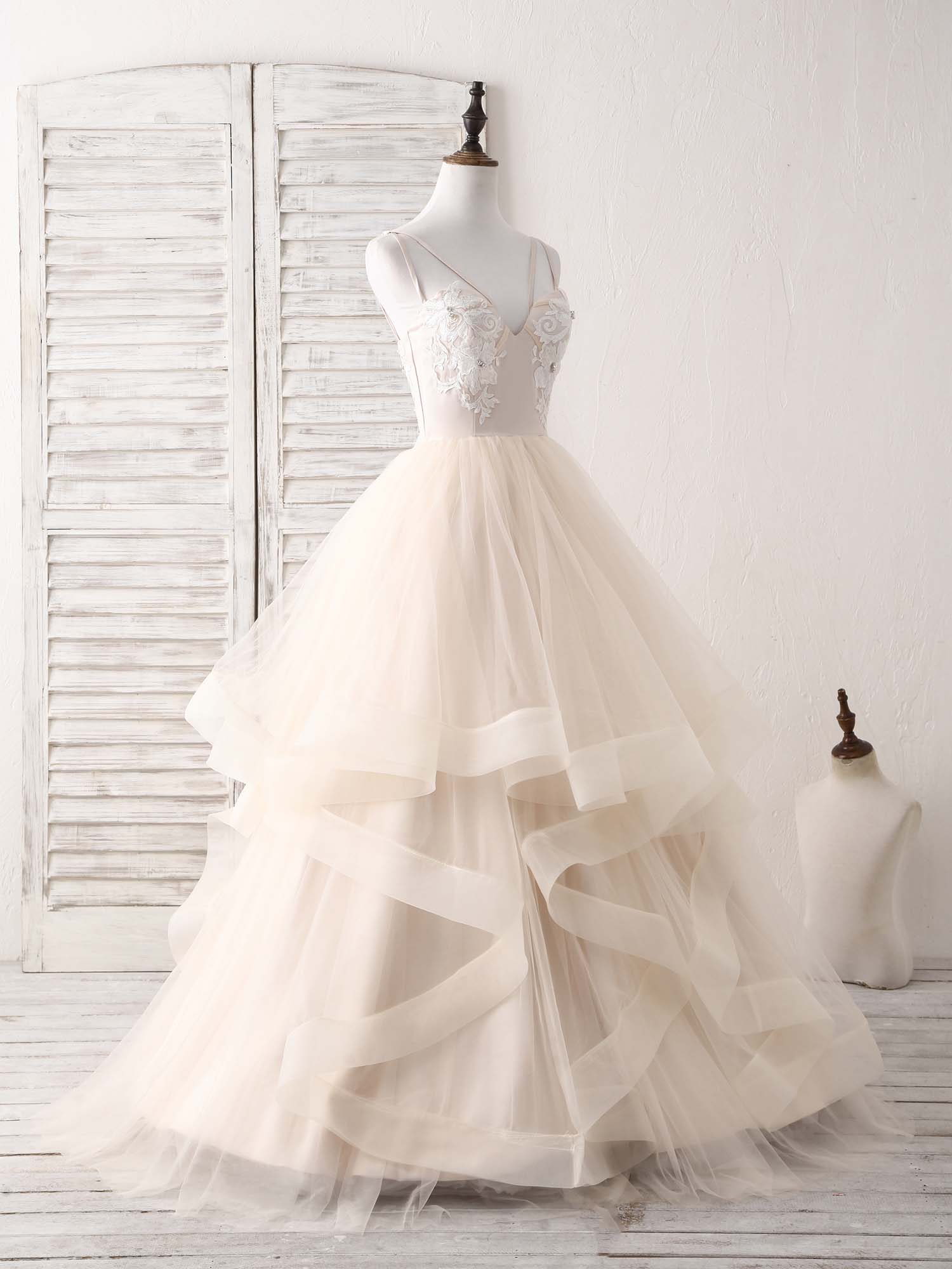 A-line V-Neck Floor-Length Tulle & Lace Prom Dress with Layered Ruffle Skirt