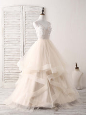 A-line V-Neck Floor-Length Tulle & Lace Prom Dress with Layered Ruffle Skirt