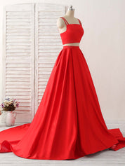A-line Square Neck Floor-Length Satin Two-Piece Prom Dress with Double Spaghetti Straps