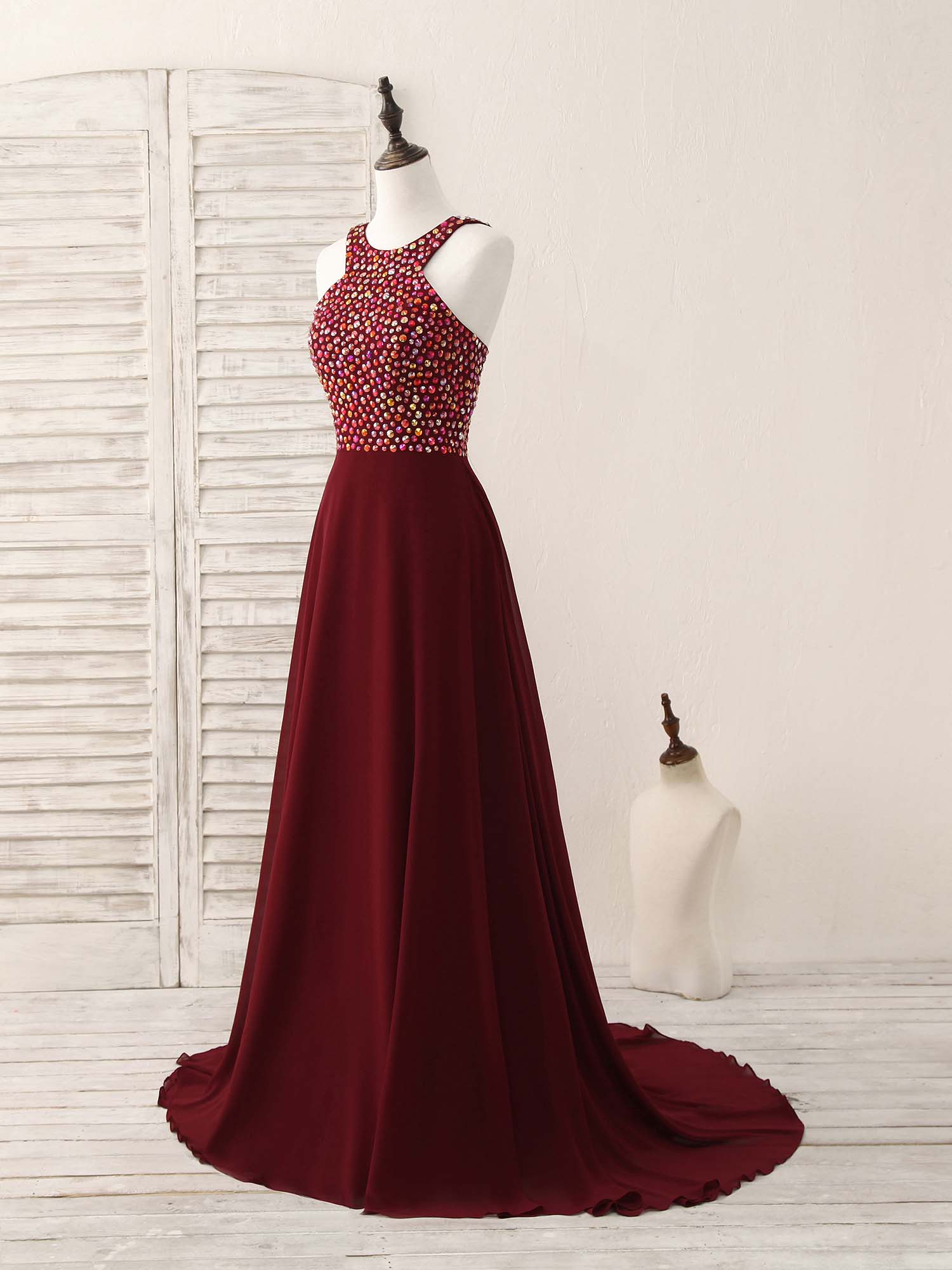 A-Line Halter Neck Floor-Length Satin Prom Dress with Beaded Bodice