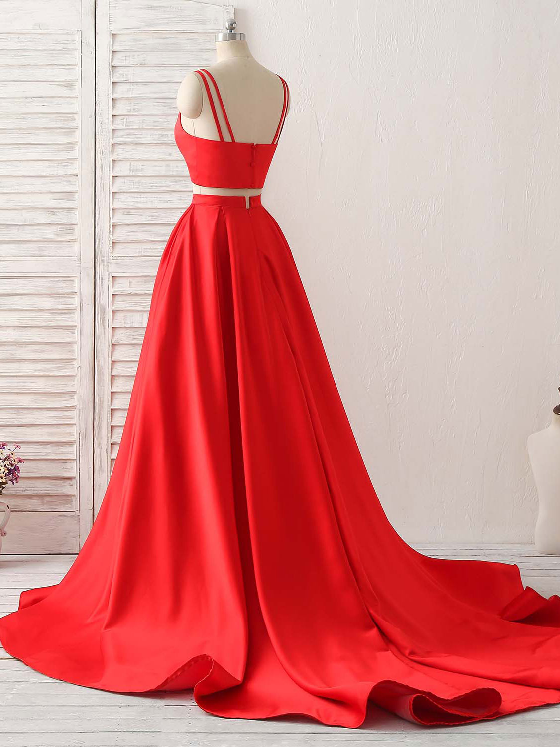 A-line Square Neck Floor-Length Satin Two-Piece Prom Dress with Double Spaghetti Straps