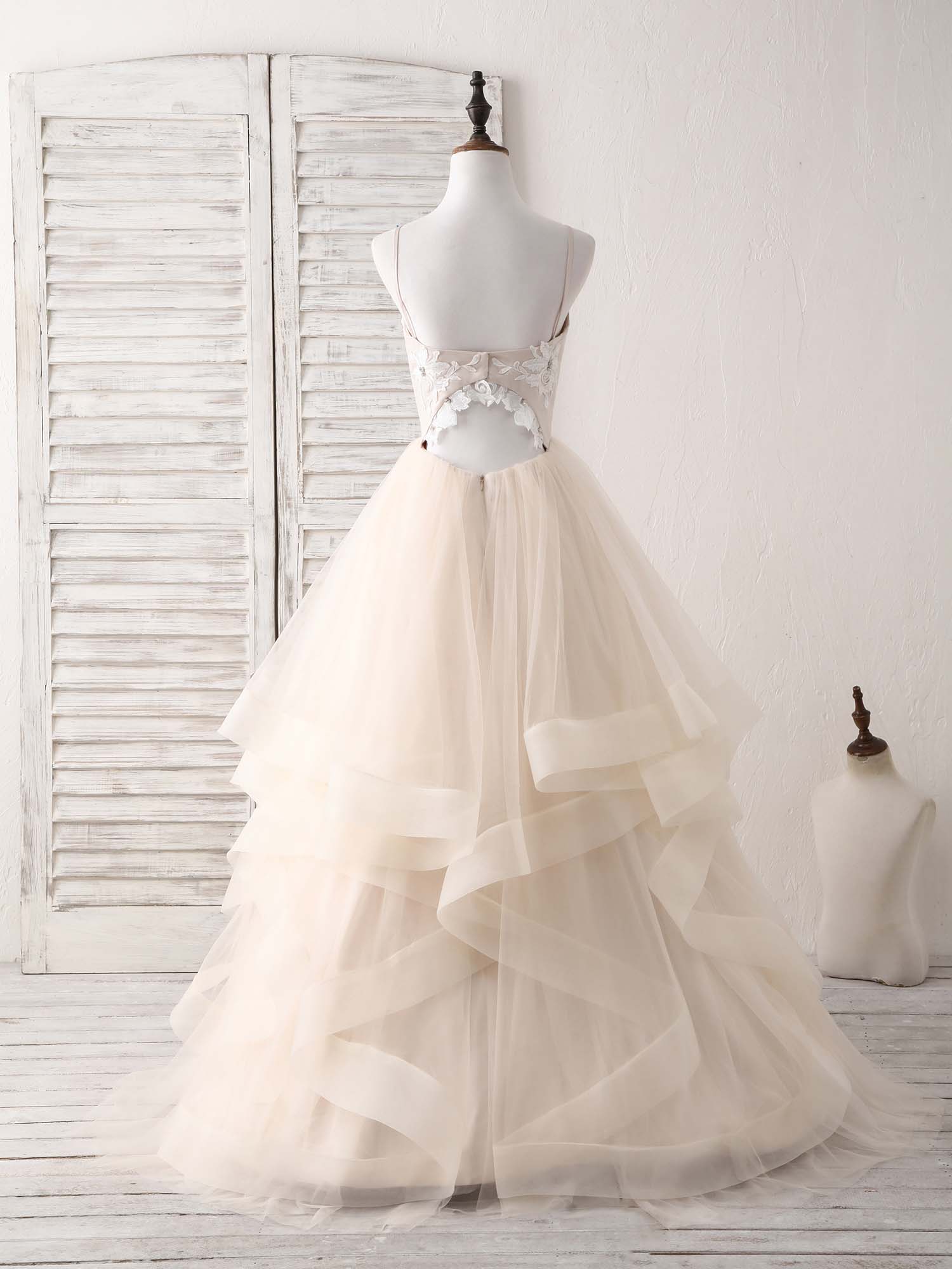 A-line V-Neck Floor-Length Tulle & Lace Prom Dress with Layered Ruffle Skirt