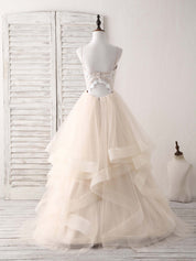 A-line V-Neck Floor-Length Tulle & Lace Prom Dress with Layered Ruffle Skirt