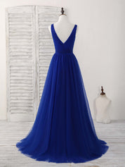 A-line V Neck Floor-Length Tulle Prom Dress with Pleated Crossover Bodice