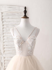 A-line V-Neck Floor-Length Tulle & Lace Prom Dress with Layered Ruffle Skirt