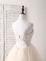 A-line V-Neck Floor-Length Tulle & Lace Prom Dress with Layered Ruffle Skirt