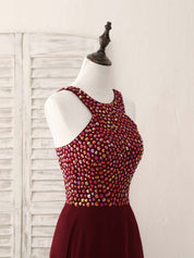 A-Line Halter Neck Floor-Length Satin Prom Dress with Beaded Bodice