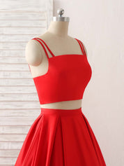 A-line Square Neck Floor-Length Satin Two-Piece Prom Dress with Double Spaghetti Straps