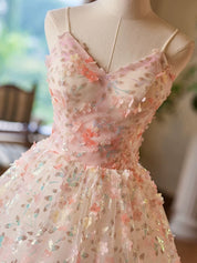 A-Line V Neck Flower Lace Tea Length Pink Prom Dress, Pink Formal Dress