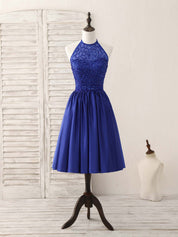 A-Line Halter Neck Knee-Length Satin Dress with Beaded Bodice Homecoming Dress