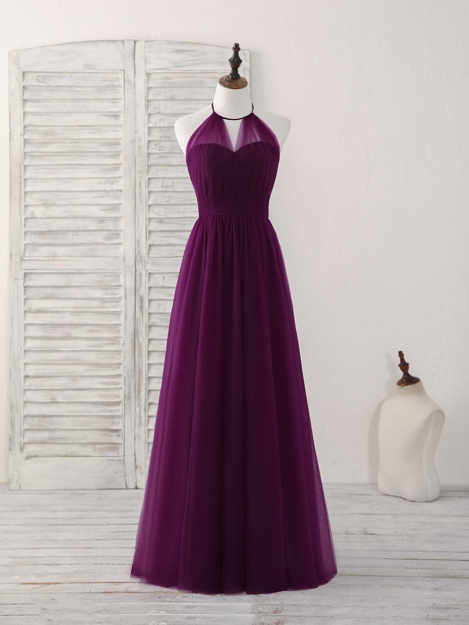 A-line Halter Neck Floor-Length Tulle Prom Dress with Sheer Overlay Bodice