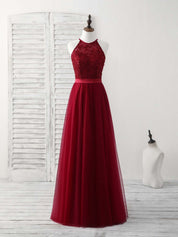 A-line Halter Neck Floor-Length Tulle Lace Prom Dress with Beaded Bodice
