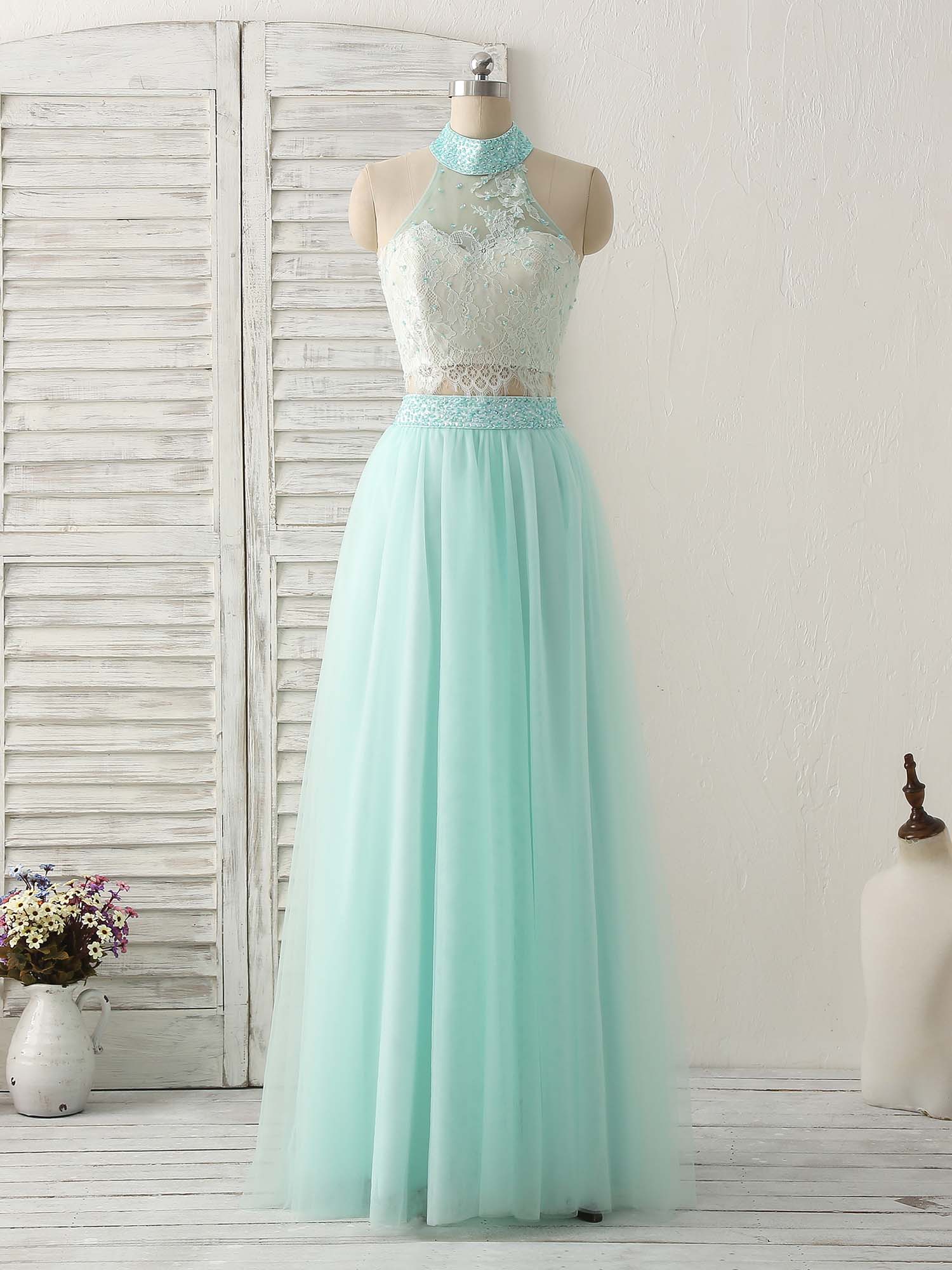 A-Line Illusion Halter Neck Floor-Length Tulle Two-Piece Lace Bodice Prom Dress