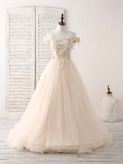 A-line Off-the-Shoulder Floor-Length Tulle Lace Prom Dress with Floral Appliqué Bodice