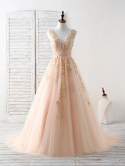 A-Line V-Neck Floor-Length Tulle & Lace Prom Dress with Floral Embroidered Bodice