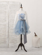 A-line Sweetheart Neck Short Tulle & Lace Homecoming Dress with Ribbon Waist