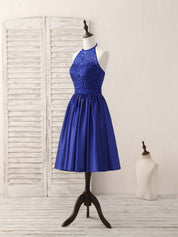 A-Line Halter Neck Knee-Length Satin Dress with Beaded Bodice Homecoming Dress